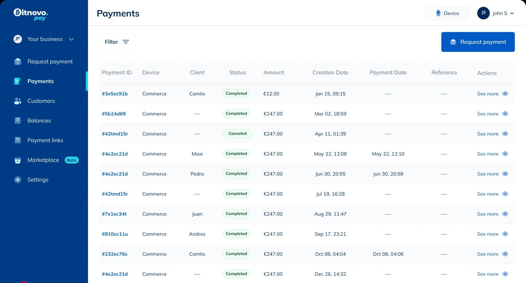 Bitnovo Pay dashboard - Cryptocurrency payment management